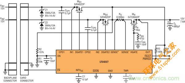 图 7：用 LTC4227 实现具备热插拔控制和存在板卡的二极管“或”应用