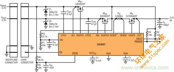 图 8：通过 LTC4227 的 D2ON，插入式板卡的 IN1 电源控制 IN2 电源的接通