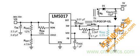 基于 LM5017 的 Fly-Buck 转换器电路，没有基于光耦合器的稳压电路