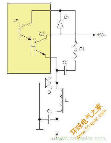 为了实现用两个元器件提升电源转换效率，芯片上应有针对驱动器晶体管Q1集电极的单独引脚。