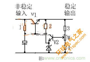 【导读】本文通过图文并茂的形式，言简意赅的讲解了一种简单的稳压三极管工作原理，对于新手来说非常易于理解。在阅读过本文后，相信大家都对稳压三极管的工作方式有了自己独到的见解，小编也将持续关注稳压三极管的相关知识，并为大家整理成文章。  相信谈到稳压三极管，很多从业不久或刚刚入门的设计者都会觉得比较陌生。因为在电路设计中，最常见的稳压器件为二极管，而非三极管，但实际上三极管也是拥有稳压作用的，在本文将为大家介绍关于稳压三极管电路的工作分析，通过浅显易懂的方式来帮助大家理解。 1 图1  图1是一个固定稳压电路。电阻作用1是向三极管提供偏置电流，使三极管导通。2是向稳压管提供工作电流，稳压管接在基极上。所以基极的电压被稳压管稳定了。又因为三极管基极与射极之间是一个二极管，而二极管导通时两端电压是稳定的0.7V（以硅管算）。所以此电路输出电压等于稳压管稳定值减0.7V。电容的作用与稳压无关，但是在这类稳压电路中往往“顺便”用它。其作用是与三极管构成“电子滤波”电路，利用三极管的放大作用，在输出端得到扩大了hFE（三极管放大倍数）倍的滤波效果，这是接在输出端的滤波电容无法相比的。右图的电容也是此作用。 2 图2是一个输出可调的串联调整稳压电路。三极管V1叫调整管，起到调整输出电压作用。V2叫比较放大管。起到把取样信号与基准电压进行比较并放大后控制调整管的作用。电阻1作用是向三极管V1提供偏置电流，使三极管导通。电阻1另一个作用是向V2提供工电源。电阻2向稳压管提供工作电流。电阻3.4及W构成取样电路。稳压管给V2提供基准电压。此电路工作原理如下：设因负载变化或输入电压波动或其它原因使输出电压升高---------经取样电路取样，V2基极电压也升高---------V2基极电流加大------V2集电极电流加大--------V2集电极电压即V1基极电压下降----------V1射极即输出电压下降------结果就是输出电压实际并没有升高。同理，输出电压也不会下降。只能是一个稳定值。调整W可调高或调低输出电压。