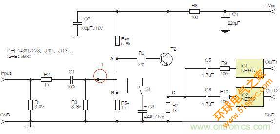 圖3：采用兩個工作在不同頻率下的555定時器電路，以獲取不同的音效。