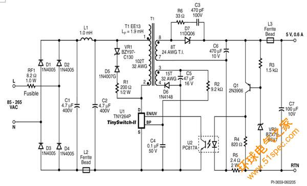 圖1:空載功耗低于30mW,帶偏置繞組。